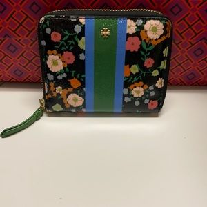 Tory Burch Black Floral mini zip around